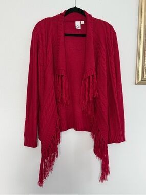Fringed Open-Front Red Women's Cardigan